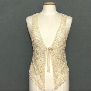 Vintage Womens Natural Beige Open Crochet Vest Boho Hippie Western Country